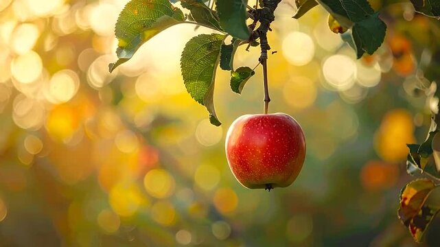 A single ripe red fruit hangs from a tree branch in the warm golden sunlight