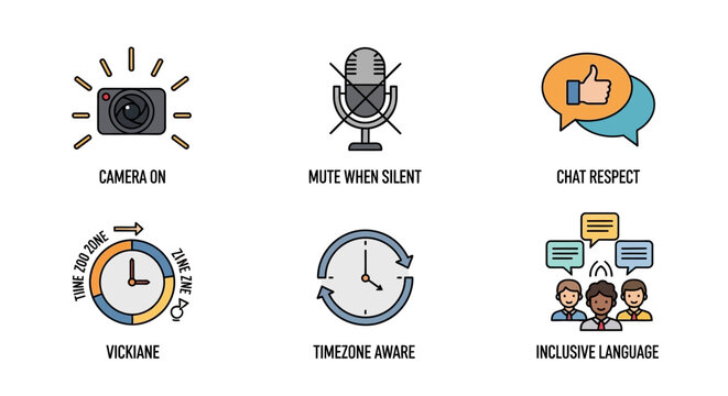 Online Meeting Etiquette Icons: Camera On, Mute, Chat, Time, Inclusion