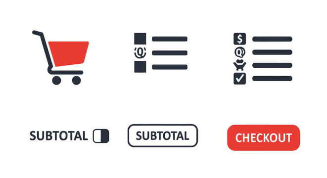 Online Shopping Icons: Cart, List, Checkout Button, Subtotal