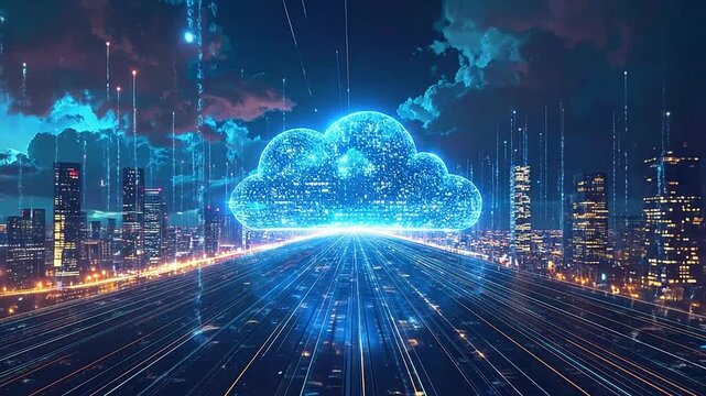 A glowing digital cloud floats above a futuristic city skyline at night