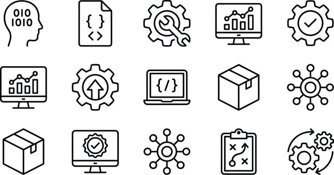 Business and technology development icons set featuring data analysis and software engineering symbols.