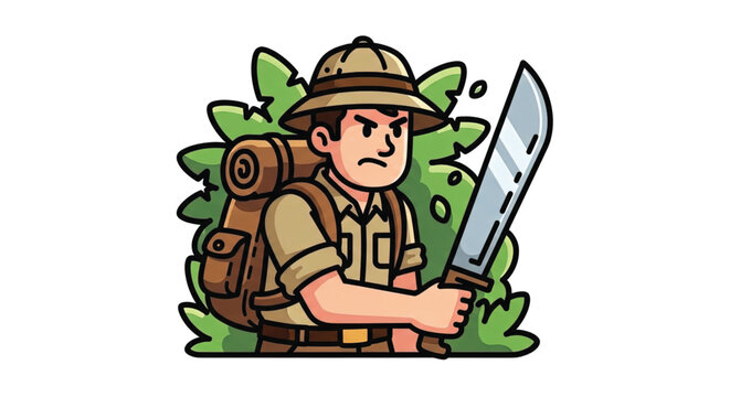 Cartoon man with backpack and machete.