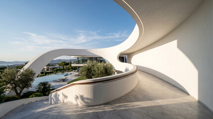 Fototapeta premium Modern curvilinear white architectural walkway overlooking a luxurious resort with a swimming pool and olive trees under a clear blue sky.