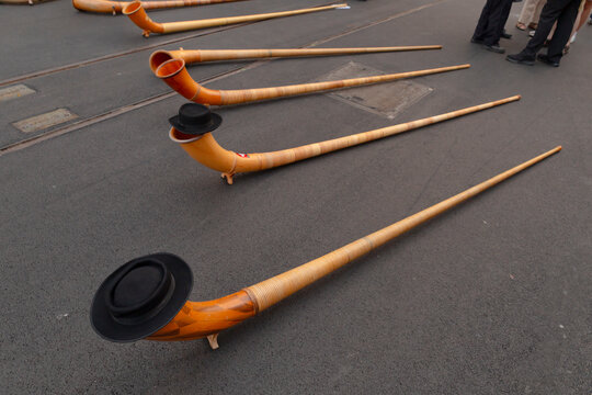 Traditional swiss alphorn musical instruments