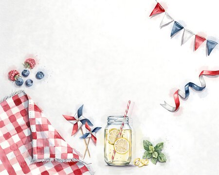 Festive 4th of july watercolor scene with lemonade berries and patriotic decorations