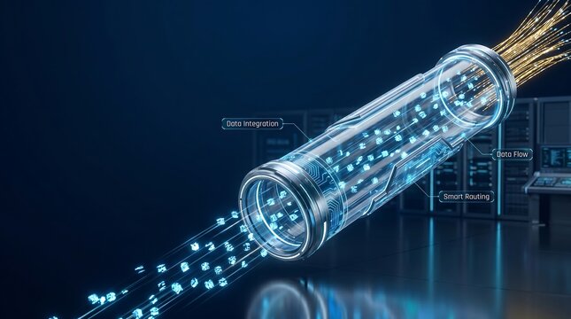 Cylinder data transfer device transmits illuminated digital information through a futuristic networking pipeline within a high-tech server environment that requires advanced connectivity solutions.