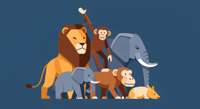 A group of various wild animals including a lion, elephants, and monkeys in a flat design illustration.