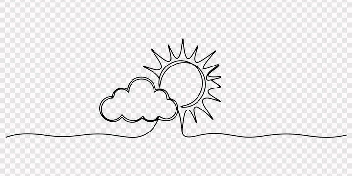 Sunny Sky. Minimalistic one-line drawing a sun partially covered by soft clouds, continuous single black line on white background, simple outline style, Sun behind a cloud drawn with one continuous