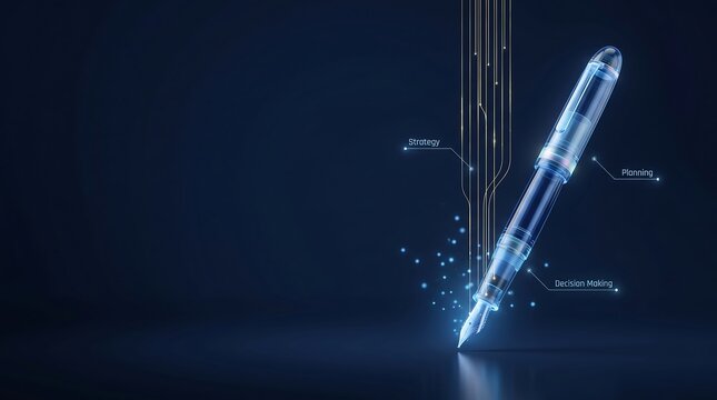 Fountain pen glows with a vibrant digital aura as a futuristic writing tool, symbolizing the seamless integration of classic creativity with modern digital precision and advanced writing software.