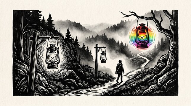 Black and white forest scene lit by suspended rainbow lanterns