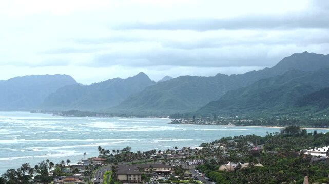 Polynesian Cultural Center (PCC) And Coastal Valleys In Laie, Oahu, Hawaii, USA. Aerial Wide Shot