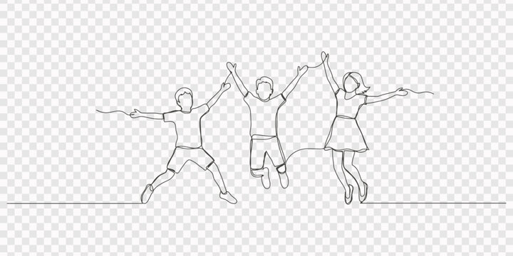 Continuous line drawing Group of girls jumping. Vector illustration, One continuous line group young students in jump joyfully. Happy three teenager student express their graduation while hands up 