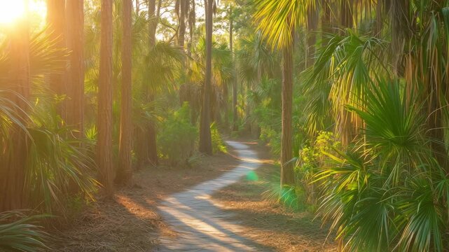 A winding path stretches through a dense forest filled with tall trees and lush greenery during the golden hour