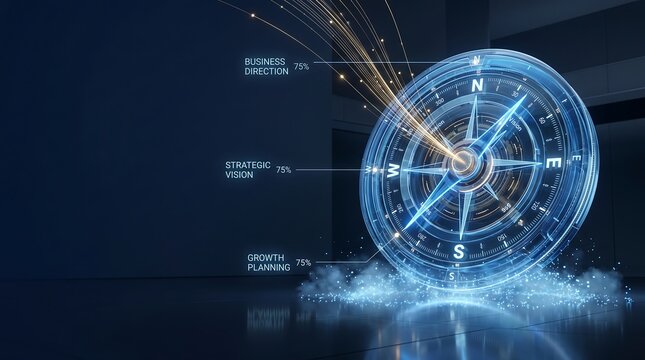 Compass digital hologram represents business direction and strategic vision through glowing data points in a sleek environment, emphasizing future growth planning and navigation for corporations.