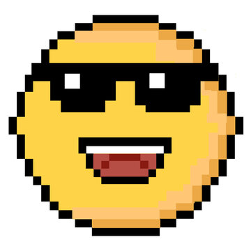 retro 8-bit pixel art emoji smile with a laughing mouth	and black sunglasses