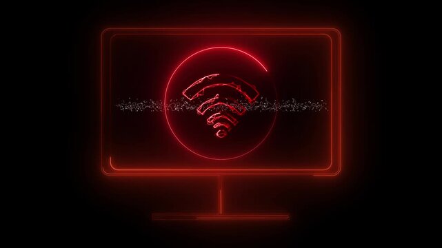 Red neon wireless internet symbol inside circle on monitor screen. Tech red neon wireless internet symbol inside circle for hotspot connections. Modern red neon wireless internet symbol inside circle.