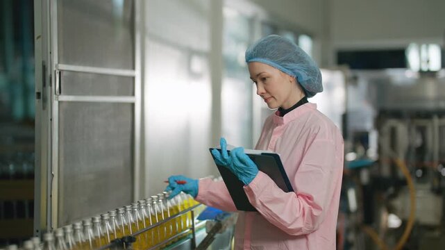 Quality Control in Production: A diligent quality control inspector wearing a pink lab coat and blue gloves meticulously examines bottles on a production line, ensuring product integrity.