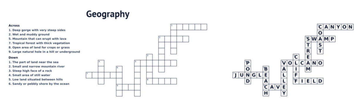 Crossword themed Geography with clues and solution, educational puzzle for kids and adults, printable worksheet