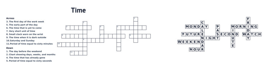 Obraz premium Crossword themed Time with clues and solution