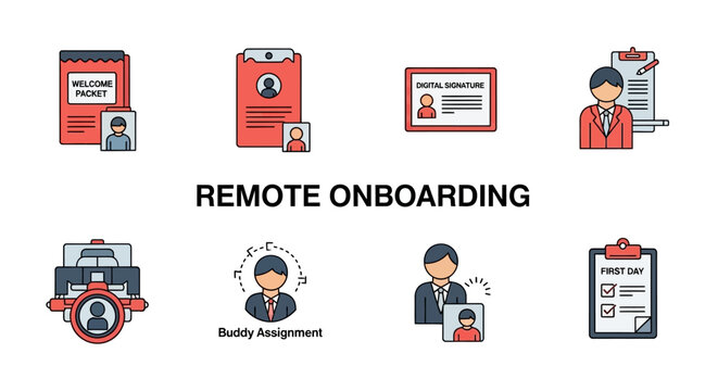 Remote Onboarding Icons: Welcome, Buddy, Documents, Checklist