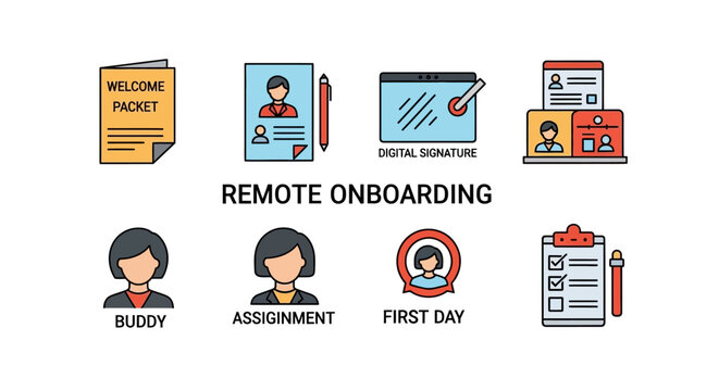 Remote Onboarding Process Icons: Welcome Packet, Digital Signature, Buddy System, First Day