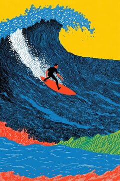 Surfer Riding a Large Crashing Wave in Bold Colorful Illustration