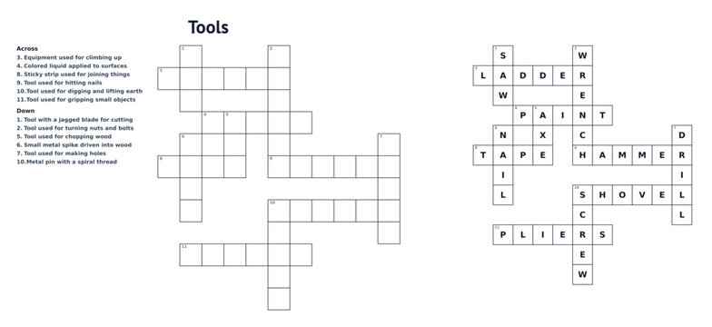 Crossword themed Tools with clues and solution, educational word puzzle activity