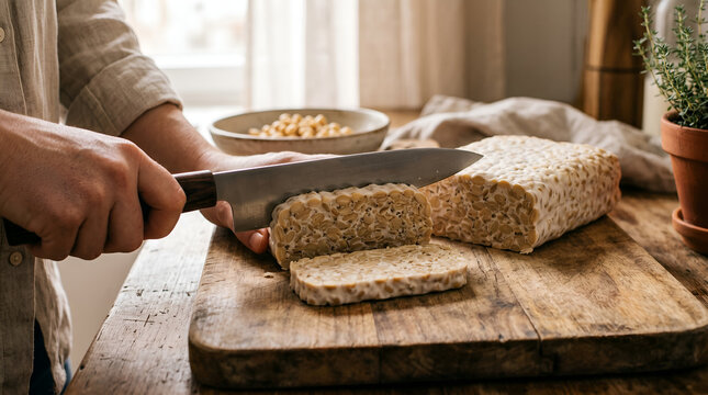 Freshly Sliced Raw Tempeh Block on Rustic Linen Surface Close-Up