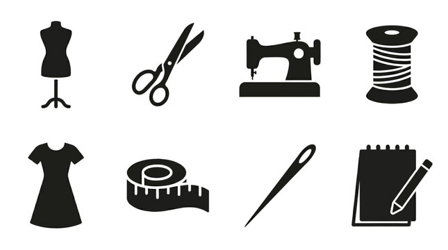 Fashion design and sewing icon vector collection featuring mannequin, scissors, sewing machine, thread spool, dress, measuring tape, needle, and notepad for tailoring and garment creation projects.
