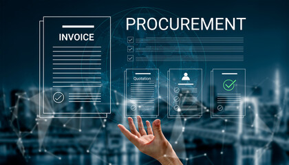 Obraz premium A dynamic image showcasing a hand reaching for procurement and invoice documents, intertwined with digital elements, reflecting modern business processes and technology advancements. Cyphers