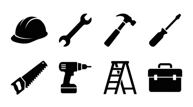 Construction tools and equipment icon vector collection featuring helmet, wrench, hammer, screwdriver, saw, drill, ladder, and toolbox for building, repair, and industrial design projects.