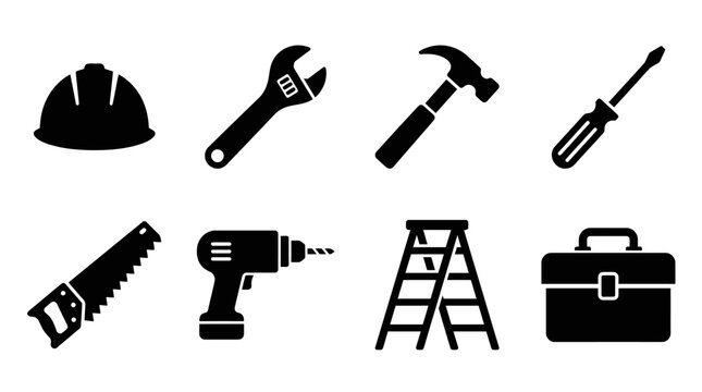 Construction tools and equipment icon vector collection featuring helmet, wrench, hammer, screwdriver, saw, drill, ladder, and toolbox for building, repair, and industrial design projects.