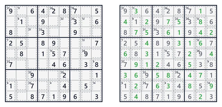 Sudoku puzzle grids with solved and unsolved versions in black  