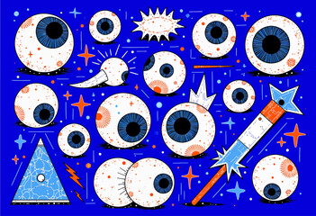 Fototapeta premium Colorful abstract illustration of floating eyeballs.