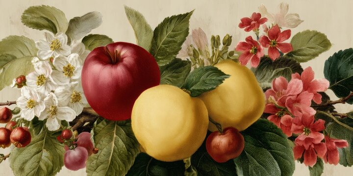 Exquisite vintage botanical illustration banner featuring a beautiful arrangement of red and yellow apples with white and pink blossoms.