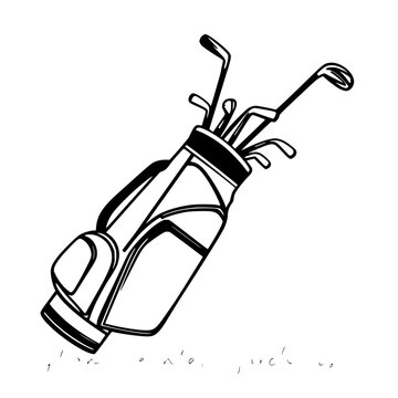 Golf bag filled with clubs, professional sports equipment, black outline vector set with simple line art design featuring sketches, drawings, vector graphics with minimalist and simple illustrations