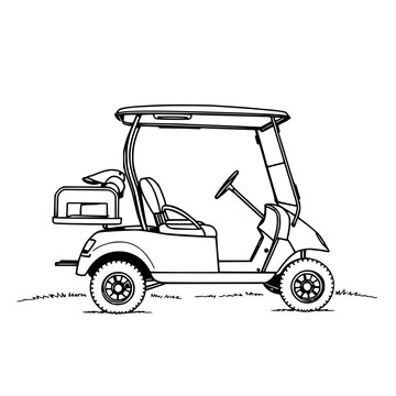Golf cart parked beside a fairway, detailed line art vector illustration, isolated background set with simple line art design featuring simple design, minimalist, black and white with illustrations...