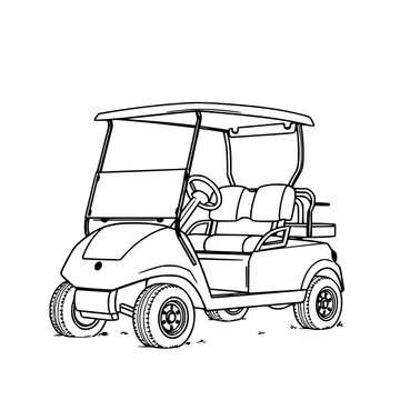 Golf cart parked beside a fairway, detailed line art vector illustration, isolated background set with simple line art design featuring line art, illustrations, graphic resources with vector and de...