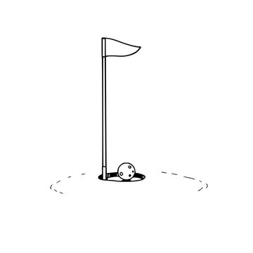 Golf hole with flagstick and ball dropping into the cup, monochrome vector illustration set with simple line art design featuring simple design, minimalist, black and white with illustrations and g...