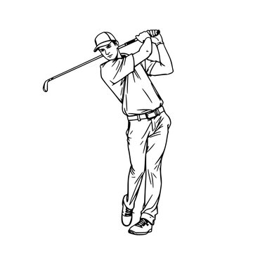 Professional golfer performing a powerful swing, black line art vector illustration, dynamic sports pose, isolated on white background set with simple line art design featuring simple design, minim...