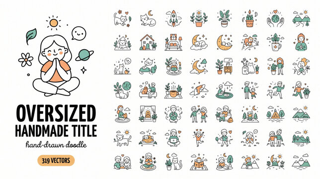 Oversized handmade title doodle vector bundle with cute characters practicing yoga meditation cozy home lifestyle cats sleeping on crescent moon and family outdoor nature icons