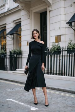 Elegant Woman Wearing Black Asymmetrical Dress in Urban Street