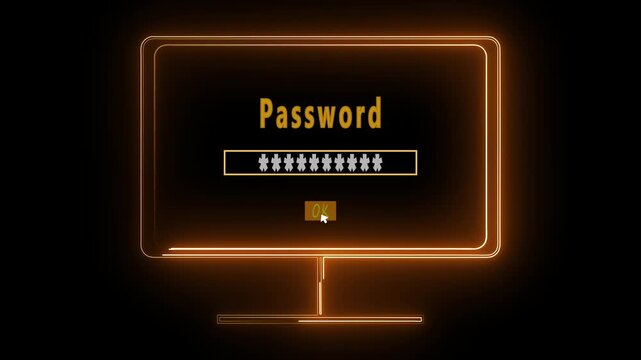 Orange neon monitor screen with password input field ok. Secure orange neon monitor screen with password input field for account validation. Cyber orange neon monitor screen with password input field.
