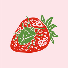 Obraz premium Juicy ripe Strawberry. Whole red berry with green bug on it. Healthy, tasty fresh fruit. Hand drawn trendy Vector illustration. Isolated design element. Icon, logo, print, sticker, poster template