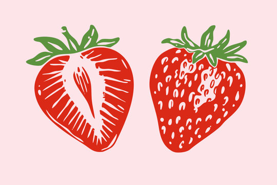 Juicy ripe Strawberry. Whole, sliced in half red berry. Healthy, tasty fresh fruit. Hand drawn trendy Vector illustration. Isolated design element. Icon, logo, print, sticker, poster template