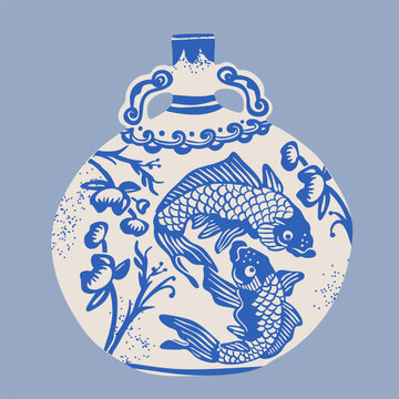 Traditional asian Chinese ceramic Vase. White blue porcelain. Beautiful fish ornament. Vintage oriental pottery. Unique shape. Hand drawn trendy Vector illustration. Isolated design element