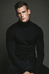Obraz premium Young adult male in black turtleneck posing for studio portrait