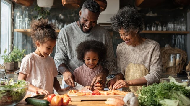 Family Members Preparing Fresh Vegetables Together in Kitchen