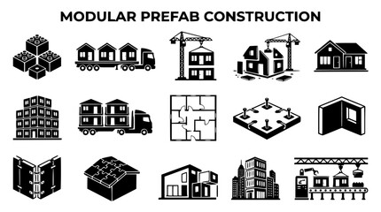 Fototapeta premium Modular prefab construction vector icons set for building design