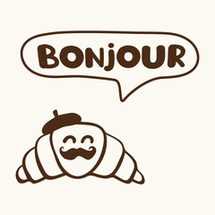 Minimalist cute croissant character in beret line art with bonjour speech bubble © Igor